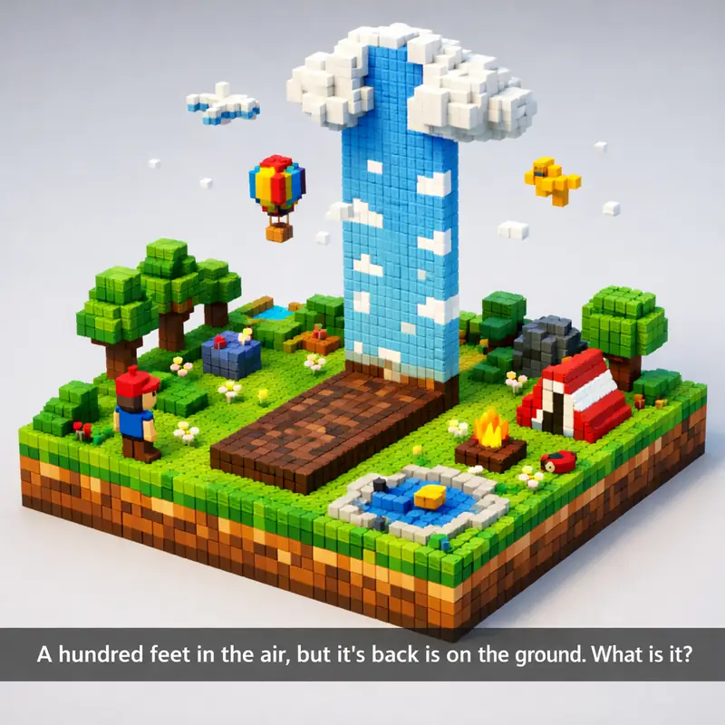 Illustration for riddle: A hundred feet in the air, but it's back is on the ground. What is it?