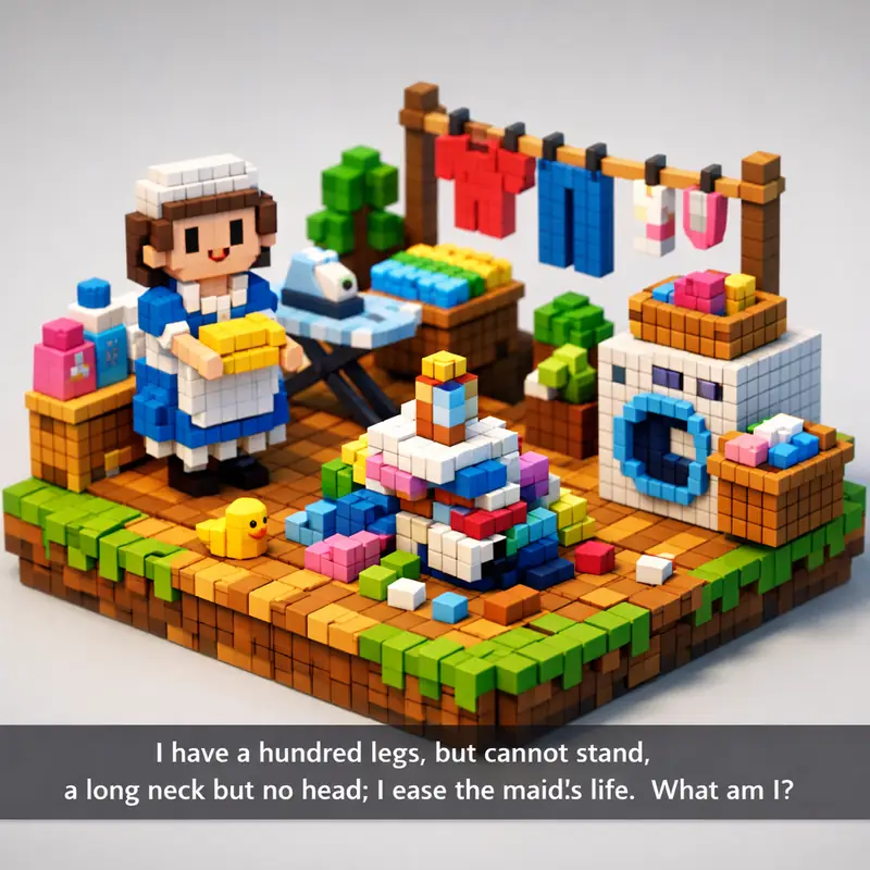 Illustration for riddle: I have a hundred legs, but cannot stand, a long neck but no head; I ease the maid's life. What am I?