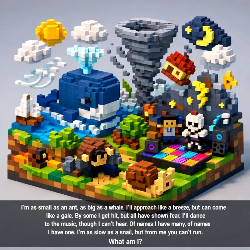 Illustration for riddle: I'm as small as an ant, as big as a whale. I'll approach like a breeze, but can come like a gale. By