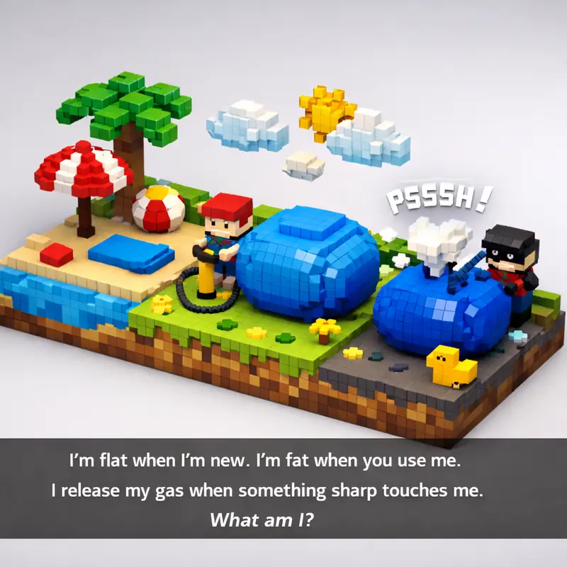 Illustration for riddle: I'm flat when I'm new. I'm fat when you use me. I release my gas when something sharp touches me. Wh