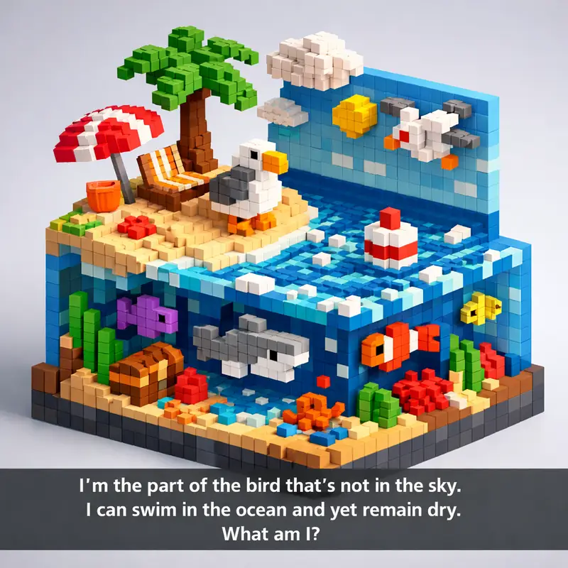 Illustration for riddle: I'm the part of the bird that's not in the sky. I can swim in the ocean and yet remain dry. What am