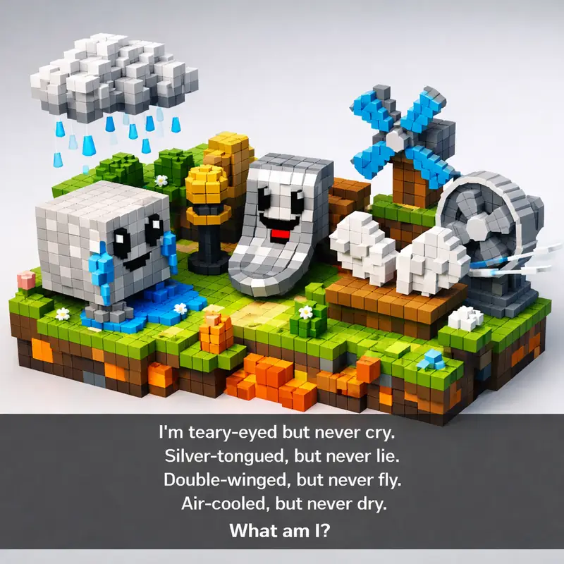 Illustration for riddle: I'm teary-eyed but never cry.
Silver-tongued, but never lie.
Double-winged, but never fly.
Air-coole