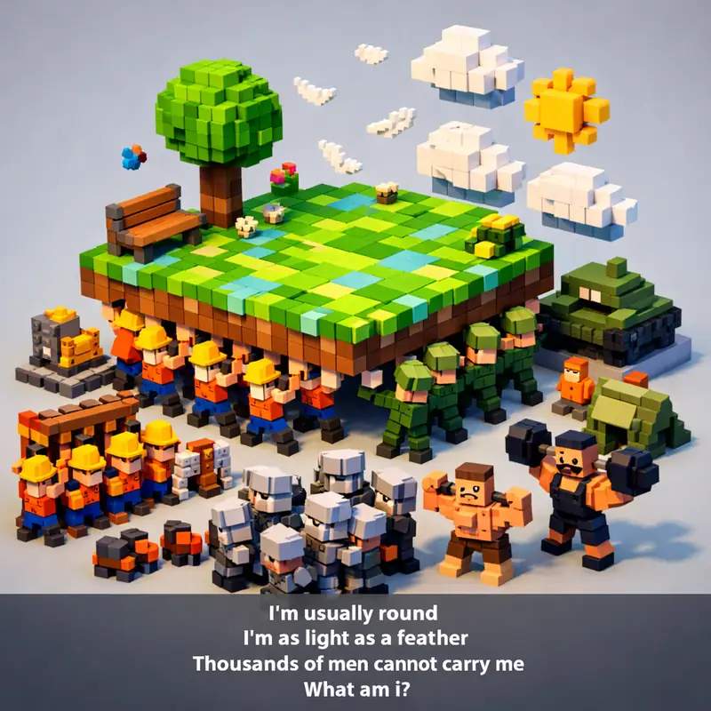 Illustration for riddle: I'm usually round
I'm as light as a feather
Thousands of men cannot carry me
What am i?