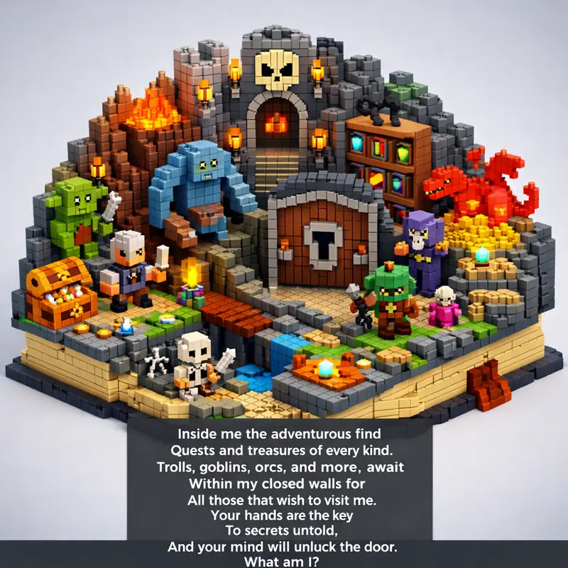 Illustration for riddle: Inside me the adventurous find
Quests and treasures of every kind.
Trolls, goblins, orcs, and more,