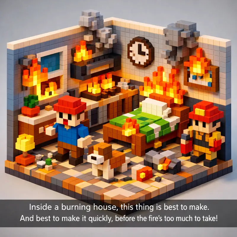 Illustration for riddle: Inside a burning house, this thing is best to make. And best to make it quickly, before the fire's t