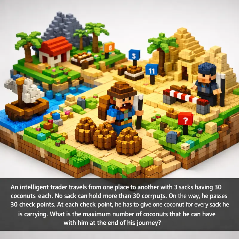 Illustration for riddle: An intelligent trader travels from one place to another with 3 sacks having 30 coconuts each. No sac