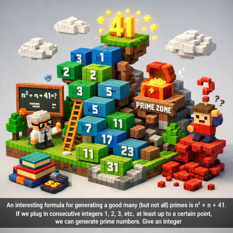 Illustration for riddle: An interesting formula for generating a good many (but not all) primes is n2 + n + 41. If we plug in