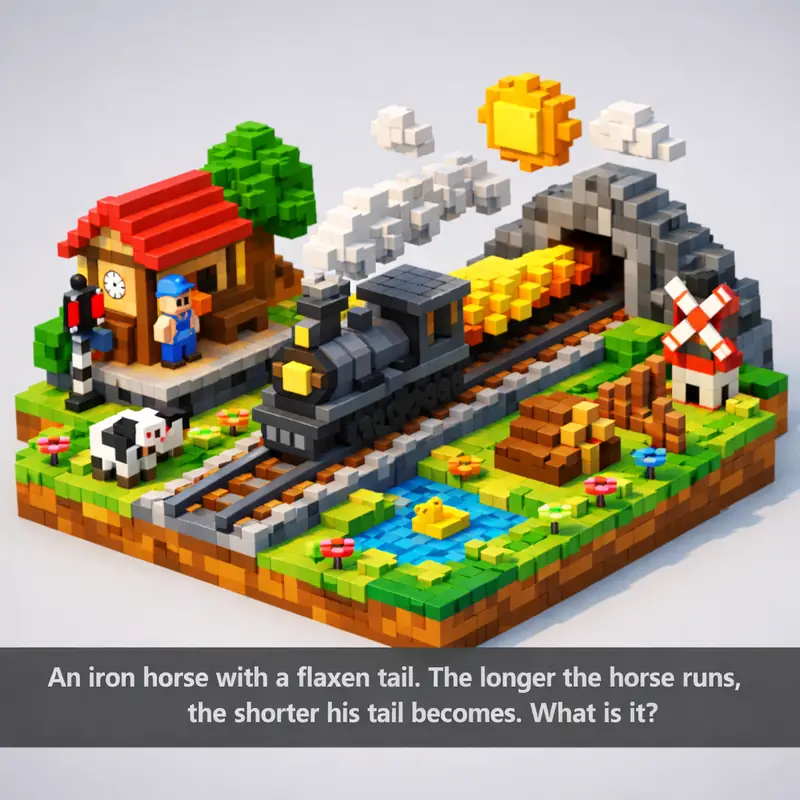 Illustration for riddle: An iron horse with a flaxen tail. The longer the horse runs, the shorter his tail becomes. What is i