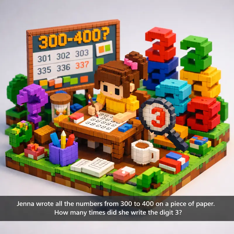 Illustration for riddle: Jenna wrote all the numbers from 300 to 400 on a piece of paper. How many times did she write the di