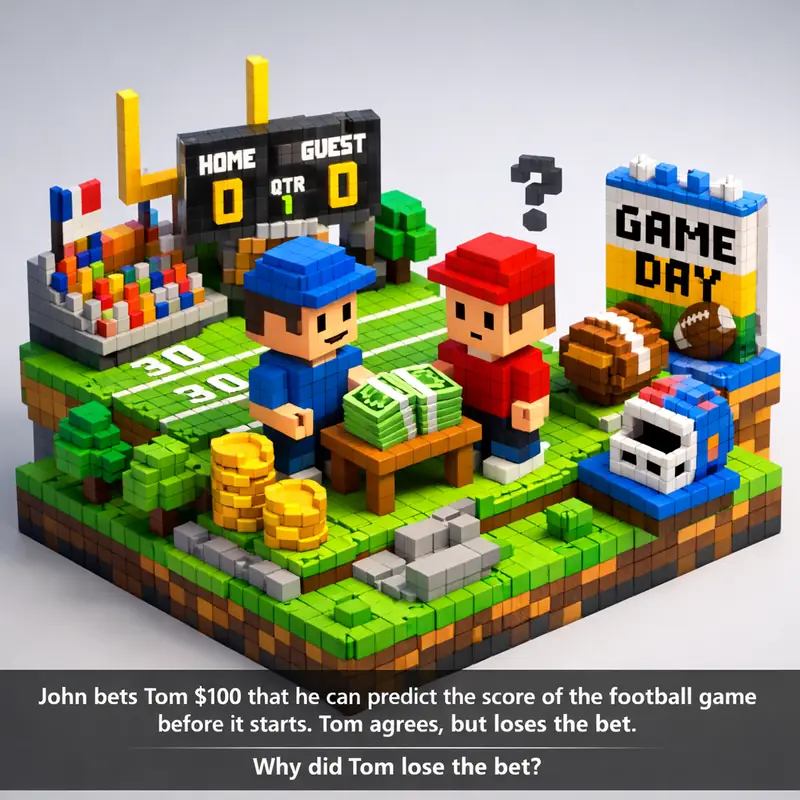 Illustration for riddle: John bets Tom $100 that he can predict the score of the football game before it starts. Tom agrees,