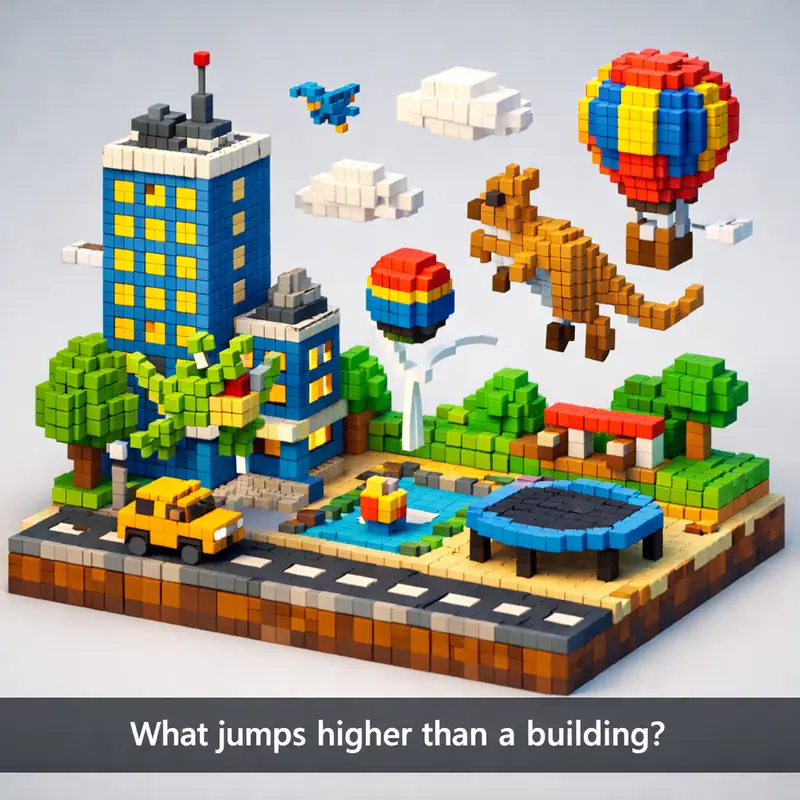 Illustration for riddle: What jumps higher than a building?