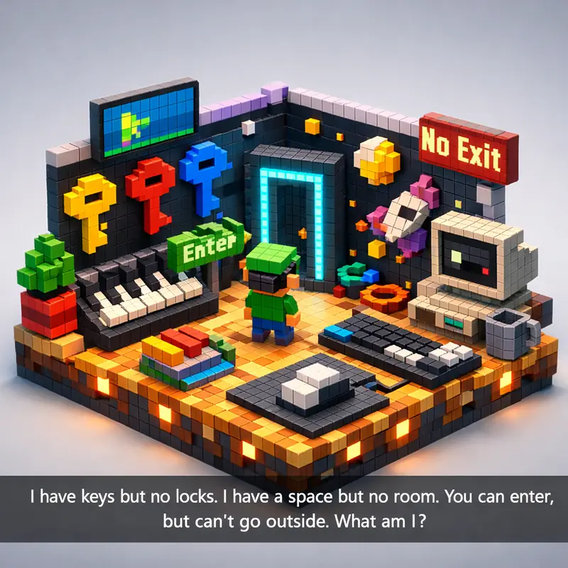 Illustration for riddle: I have keys but no locks. I have a space but no room. You can enter, but can't go outside. What am I