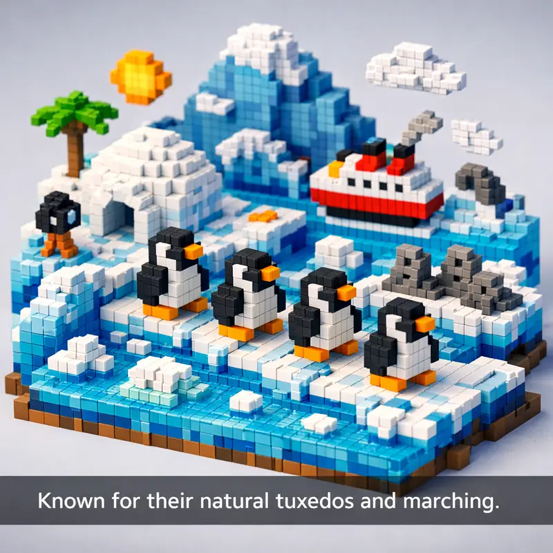 Illustration for riddle: Known for their natural tuxedos and marching.