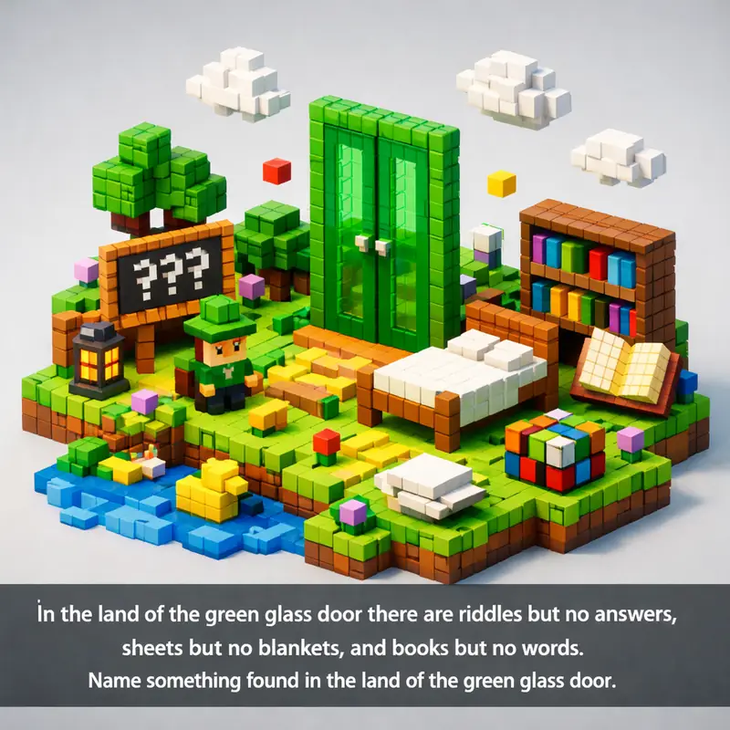 Illustration for riddle: In the land of the green glass door there are riddles but no answers, sheets but no blankets, and bo