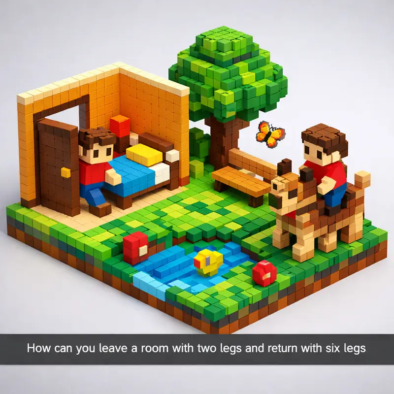 Illustration for riddle: How can you leave a room with two legs and return with six legs