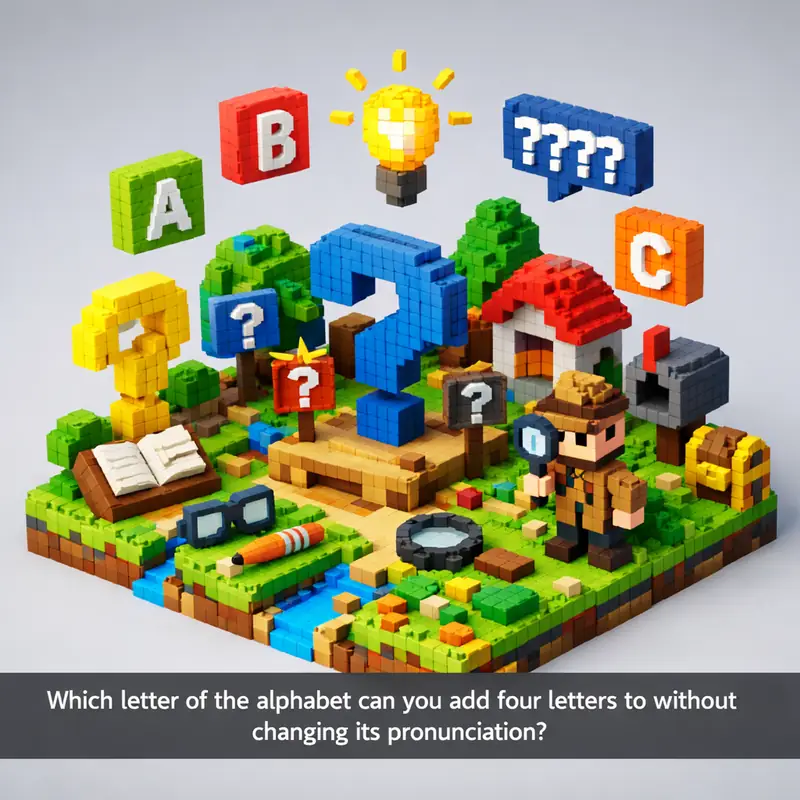 Illustration for riddle: Which letter of the alphabet can you add four letters to without changing its pronunciation?