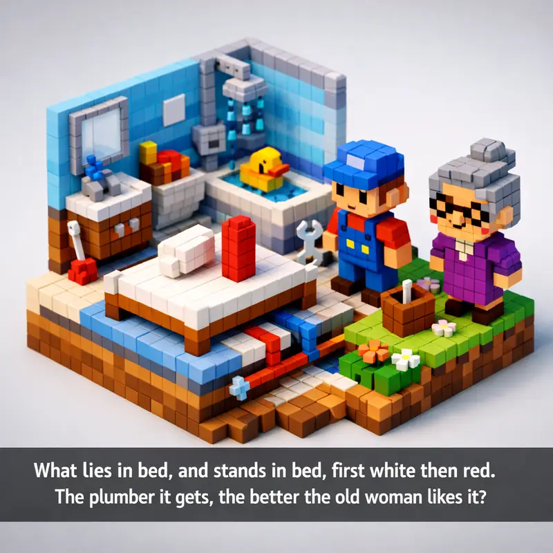 What lies in bed, and stands in bed, first white then red. The plumber it gets,...