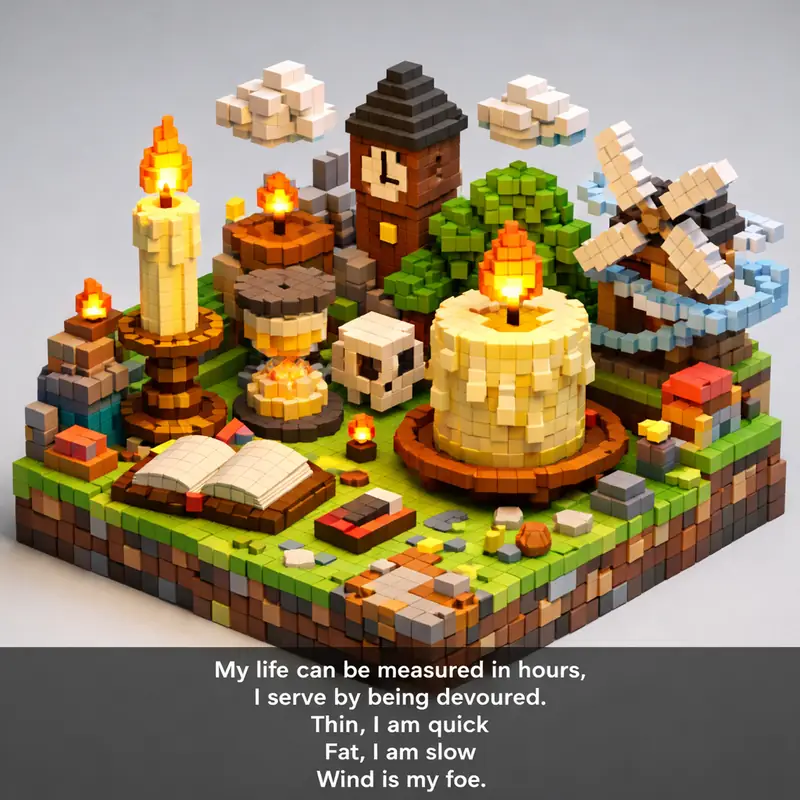 Illustration for riddle: My life can be measured in hours,
I serve by being devoured.
Thin, I am quick
Fat, I am slow
Wind is