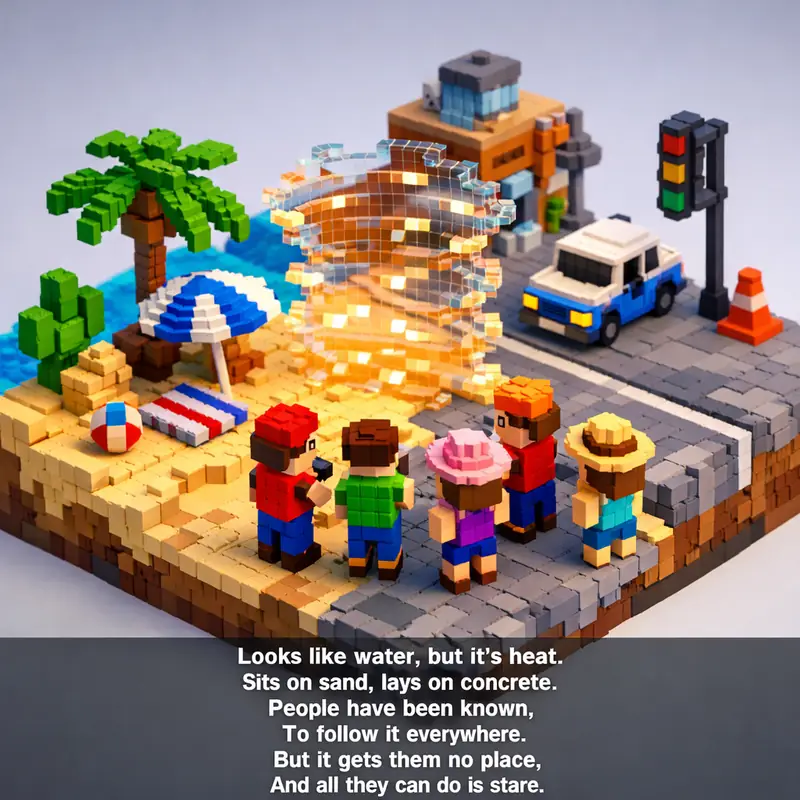 Looks like water, but it's heat.
Sits on sand, lays on concrete.
People have bee...
