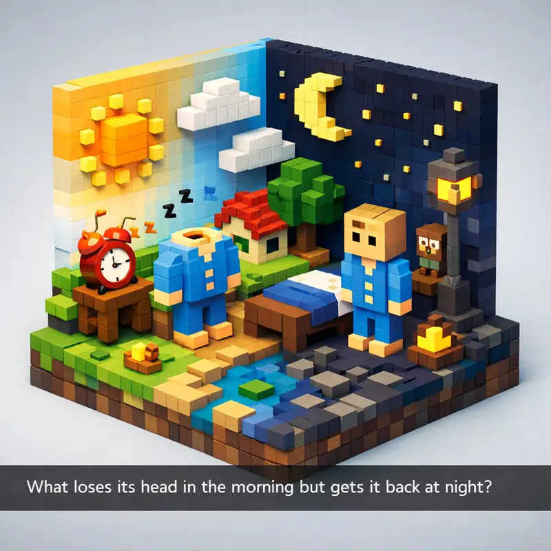 Illustration for riddle: What loses its head in the morning but gets it back at night?