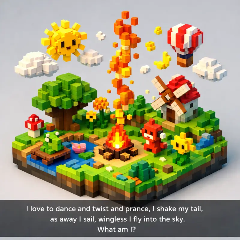 Illustration for riddle: I love to dance and twist and prance, I shake my tail, as away I sail, wingless I fly into the sky.