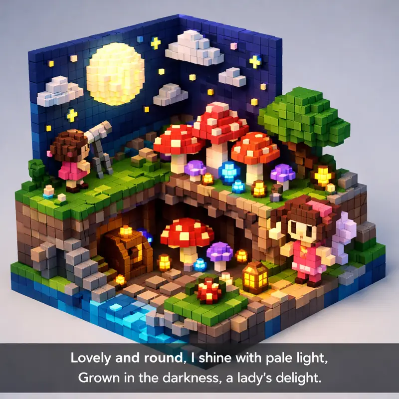 Illustration for riddle: Lovely and round, I shine with pale light,
Grown in the darkness, a lady's delight.