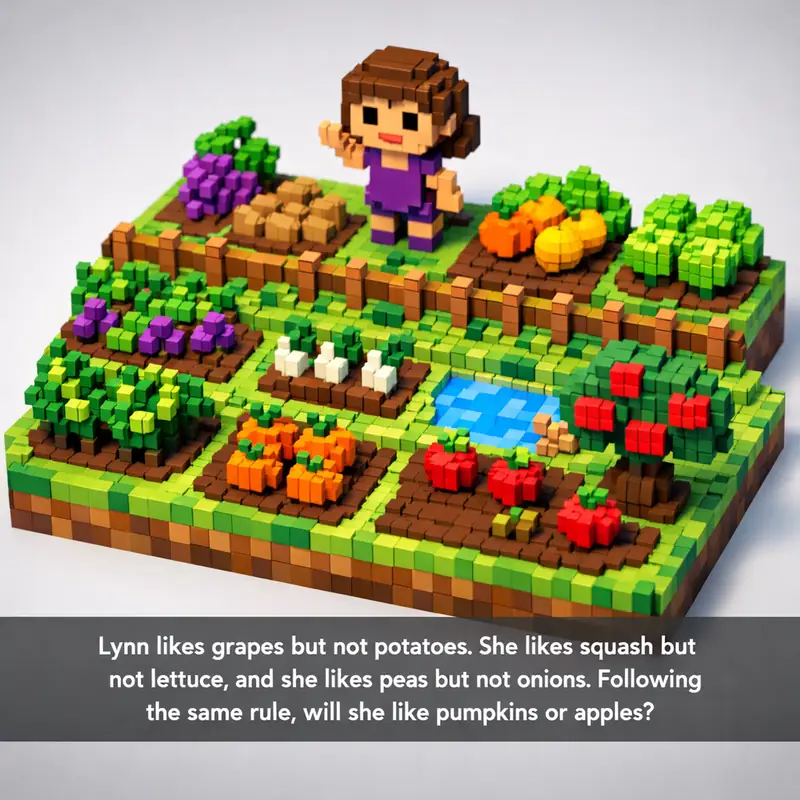 Illustration for riddle: Lynn likes grapes but not potatoes. She likes squash but not lettuce, and she likes peas but not oni