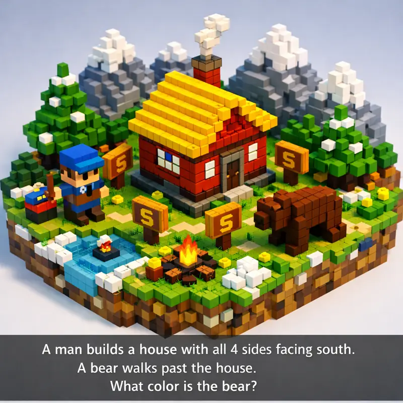 Illustration for riddle: A man builds a house with all 4 sides facing south.
A bear walks past the house. What color is the