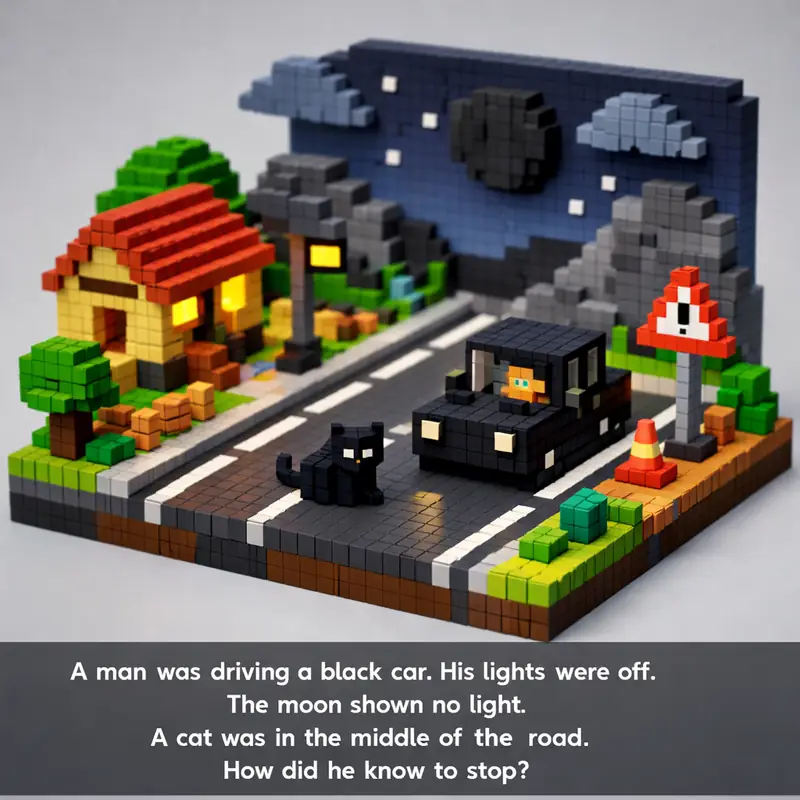 Illustration for riddle: A man was driving a black car. His lights were off. The moon shown no light. A cat was in the middle