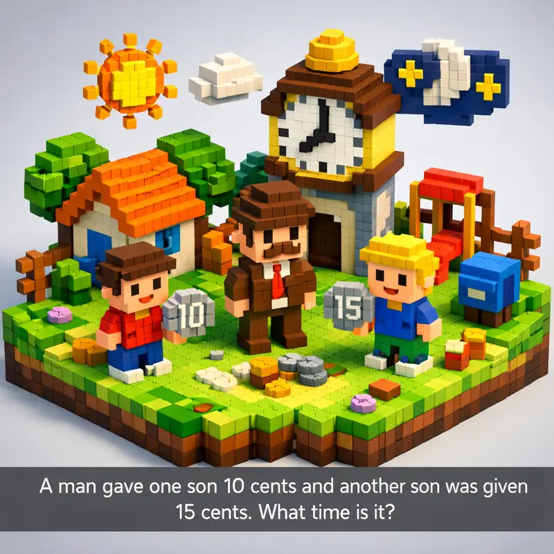 Illustration for riddle: A man gave one son 10 cents and another son was given 15 cents. What time is it?