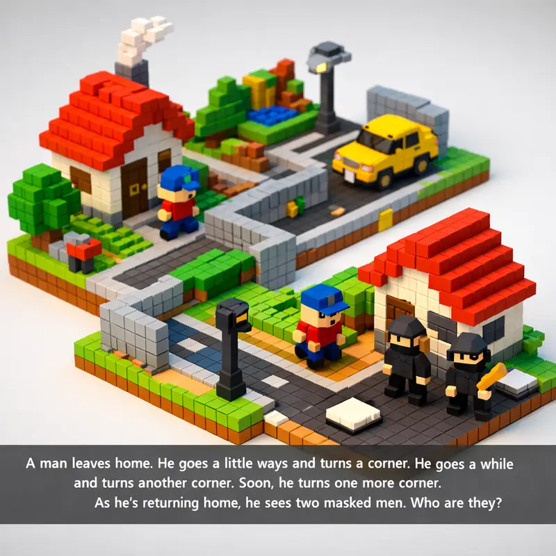 Illustration for riddle: A man leaves home. He goes a little ways and turns a corner. He goes a while and turns another corne