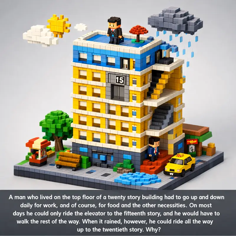 Illustration for riddle: A man who lived on the top floor of a twenty story building had to go up and down daily for work, an