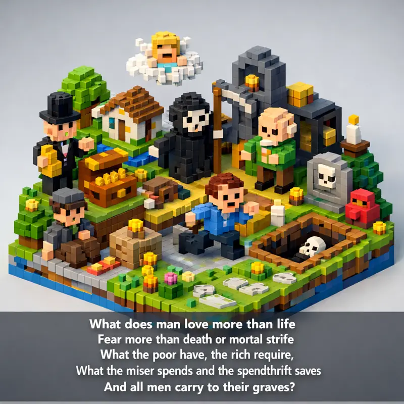 Illustration for riddle: What does man love more than life
Fear more than death or mortal strife
What the poor have, the rich