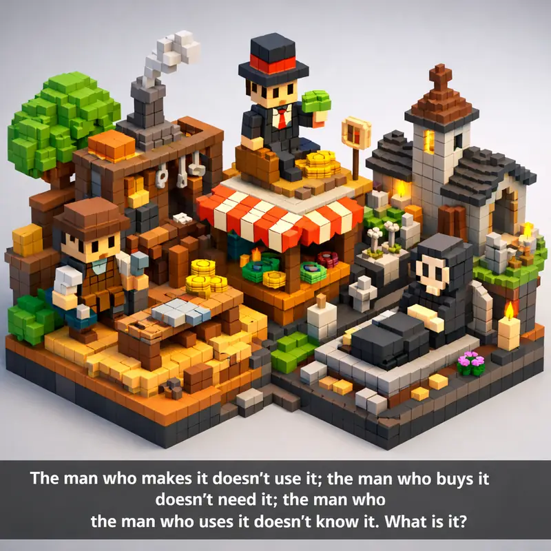 Illustration for riddle: The man who makes it doesn't use it; the man who buys it doesn't need it; the man who uses it doesn'