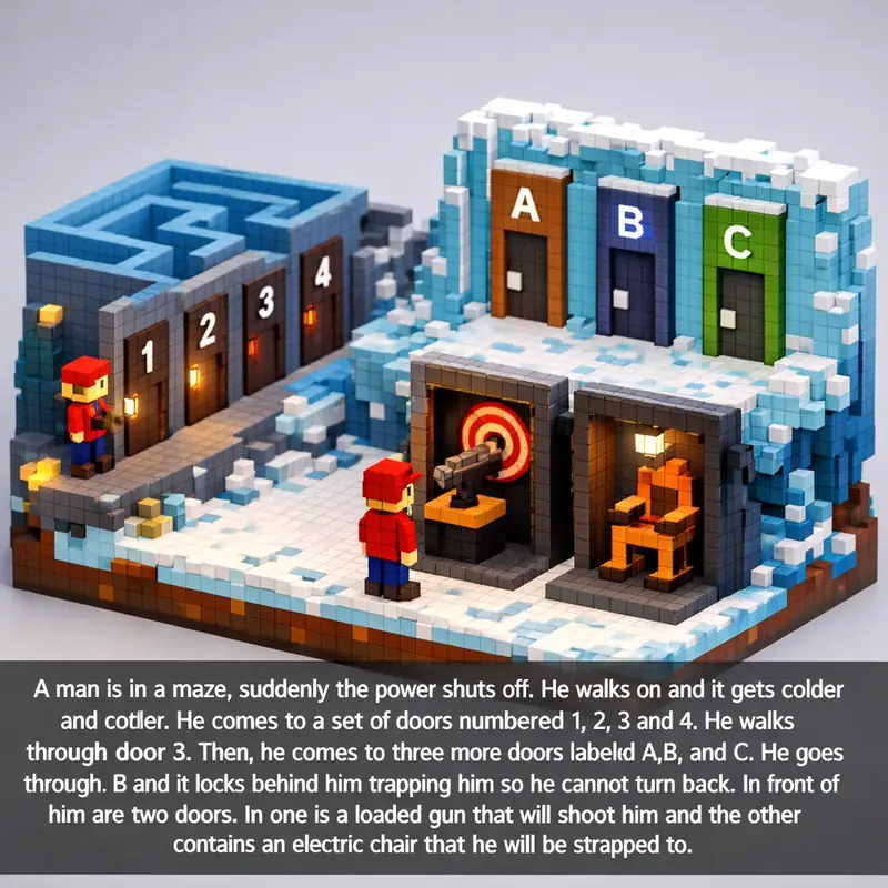 Illustration for riddle: A man is in a maze, suddenly the power shuts off. He walks on and it gets colder and colder. He come