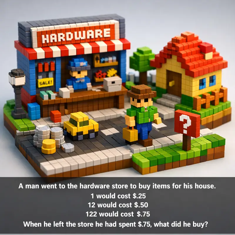 Illustration for riddle: A man went to the hardware store to buy items for his house.
1 would cost $.25
12 would cost $.50
12