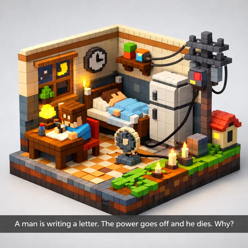 Illustration for riddle: A man is writing a letter. The power goes off and he dies. Why?