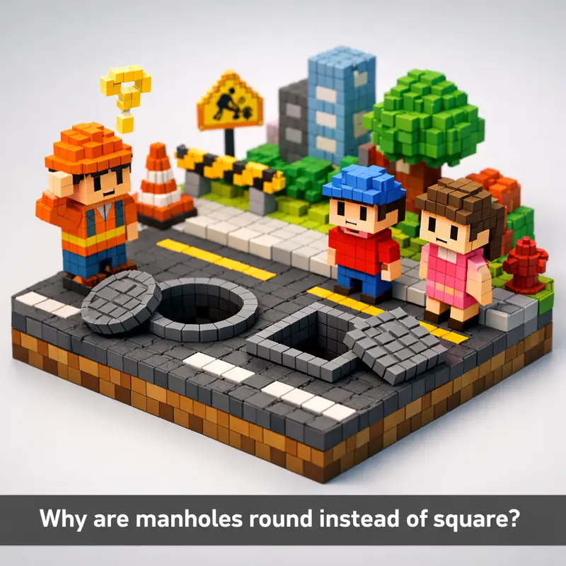 Illustration for riddle: Why are manholes round instead of square?