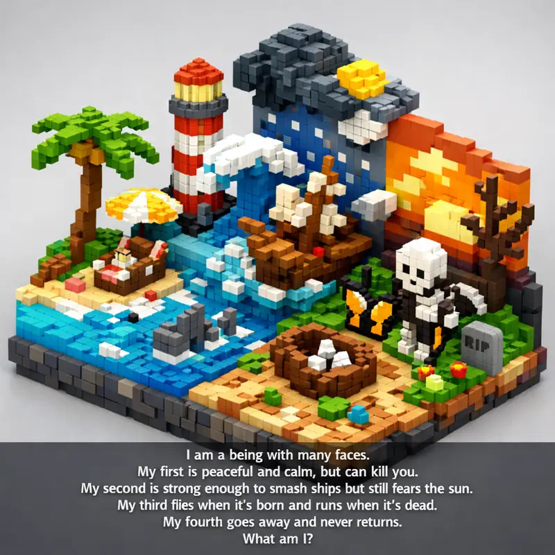 Illustration for riddle: I am a being with many faces.
My first is peaceful and calm, but can kill you.
My second is strong