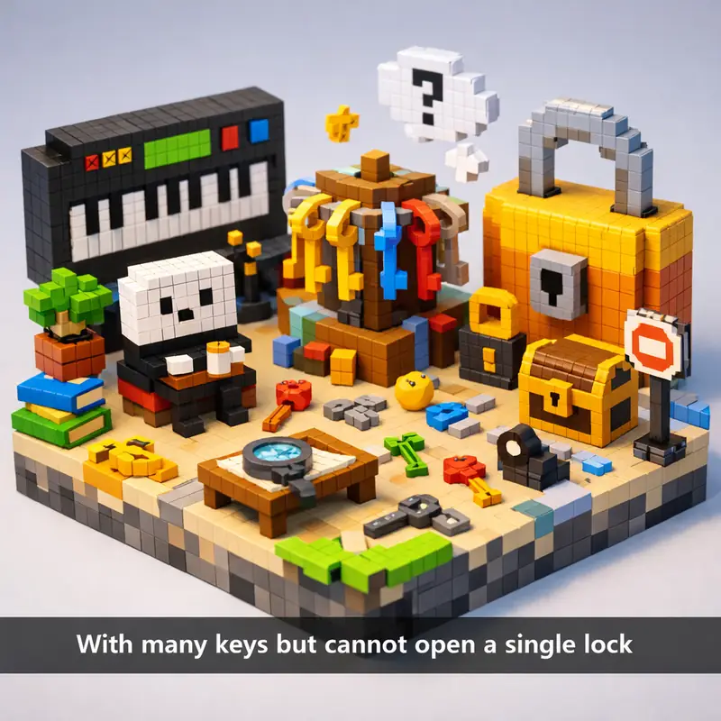 Illustration for riddle: With many keys but cannot open a single lock