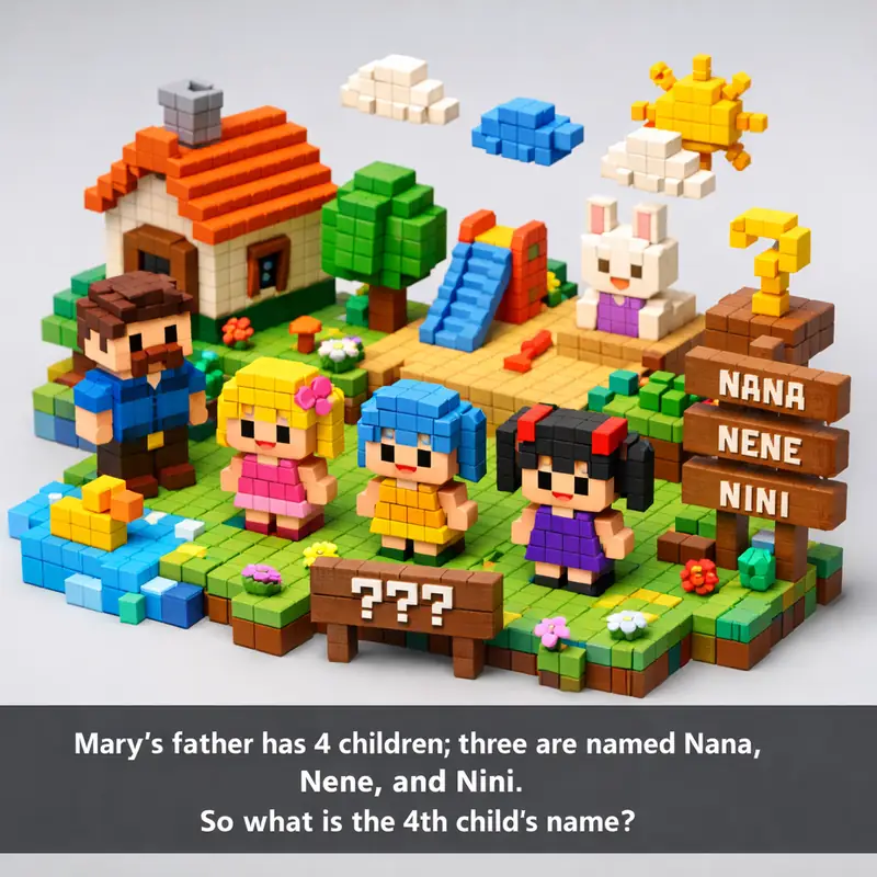 Illustration for riddle: Mary's father has 4 children; three are named Nana, Nene, and Nini. So what is the 4th child's name?