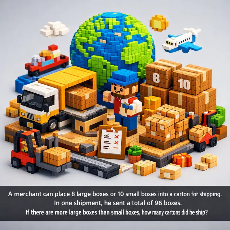 Illustration for riddle: A merchant can place 8 large boxes or 10 small boxes into a carton for shipping. In one shipment, he