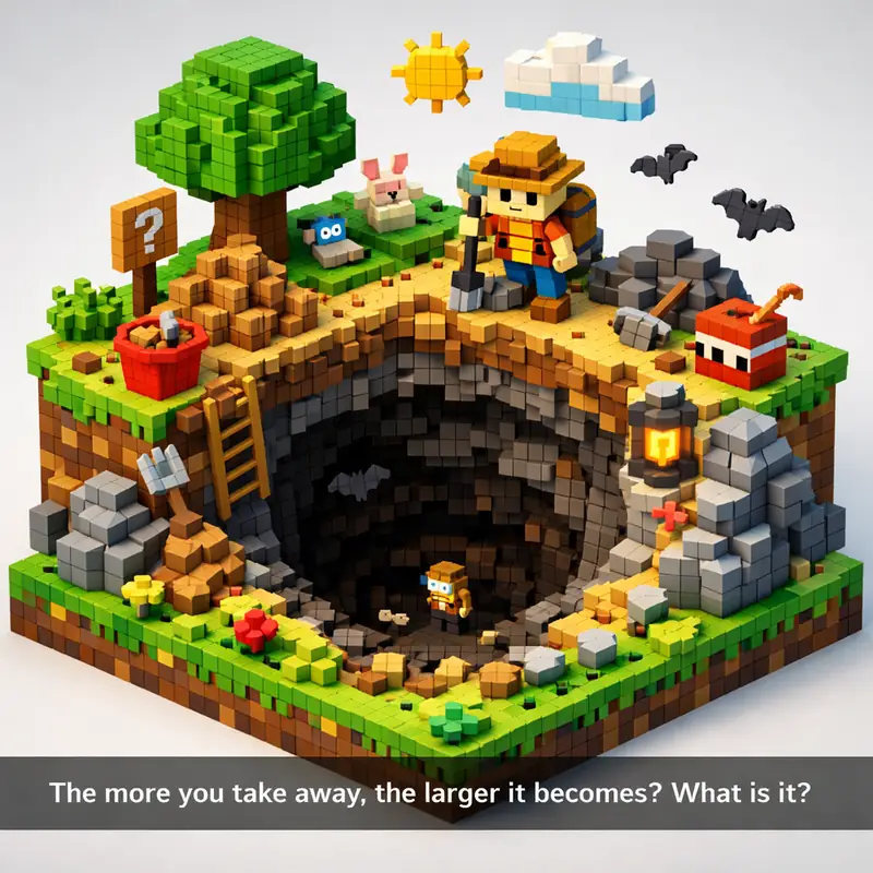 Illustration for riddle: The more you take away, the larger it becomes? What is it?