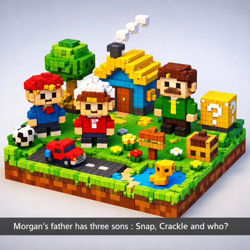 Illustration for riddle: Morgan's father has three sons : Snap, Crackle and who?