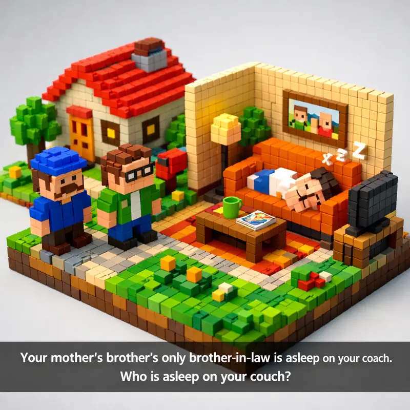 Illustration for riddle: Your mother's brother's only brother-in-law is asleep on your coach. Who is asleep on your couch?