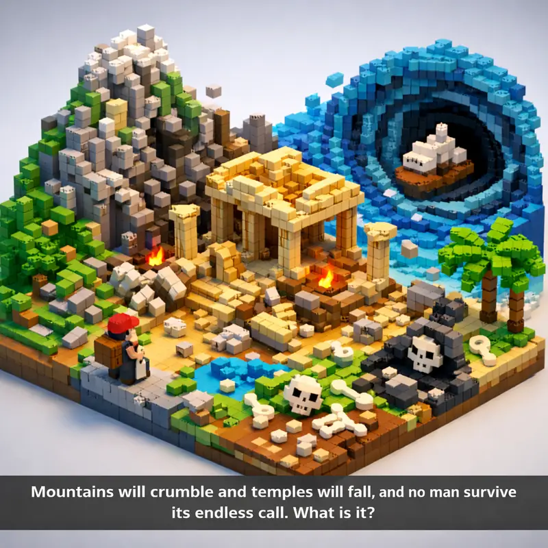 Illustration for riddle: Mountains will crumble and temples will fall, and no man can survive its endless call. What is it?