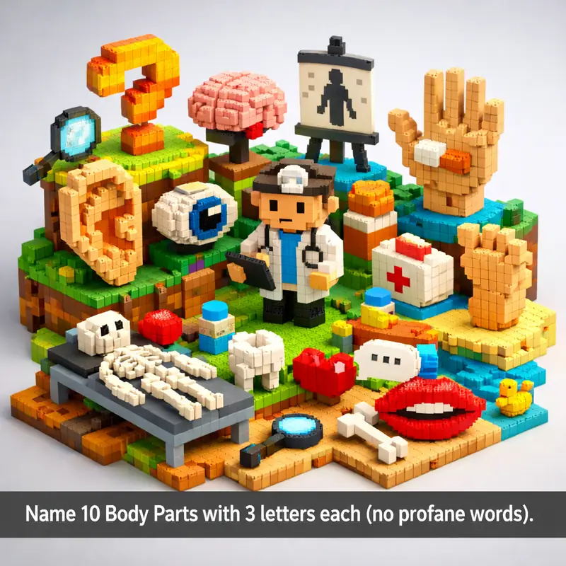 Illustration for riddle: Name 10 Body Parts with 3 letters each (no profane words).