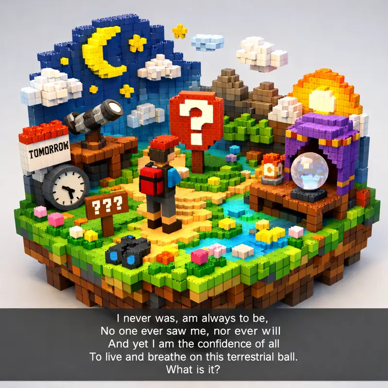 Illustration for riddle: I never was, am always to be,
No one ever saw me, nor ever will
And yet I am the confidence of all
T