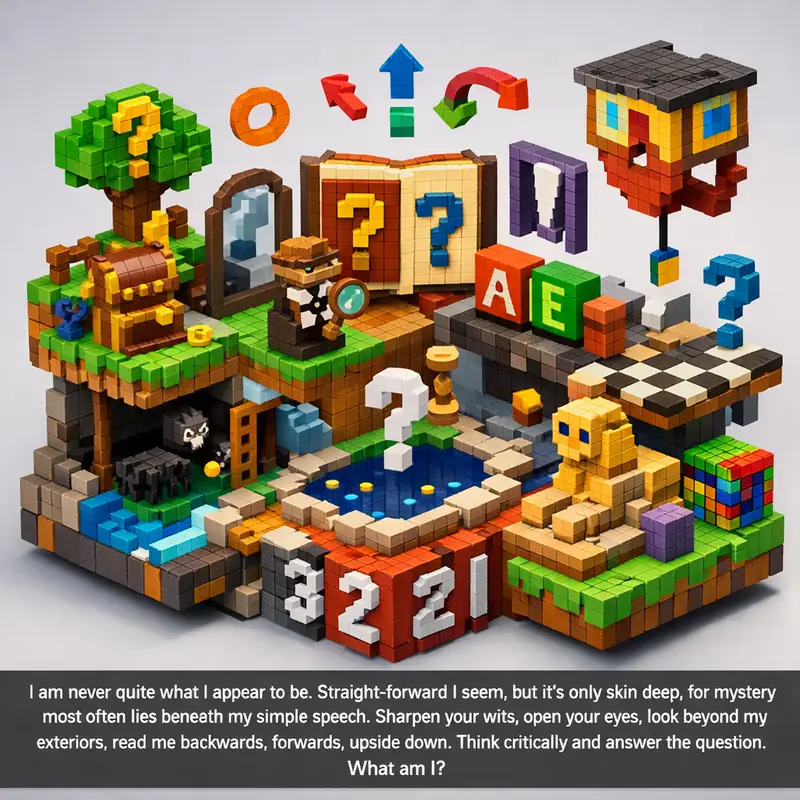 Illustration for riddle: I am never quite what I appear to be. Straight-forward I seem, but it's only skin deep, for mystery