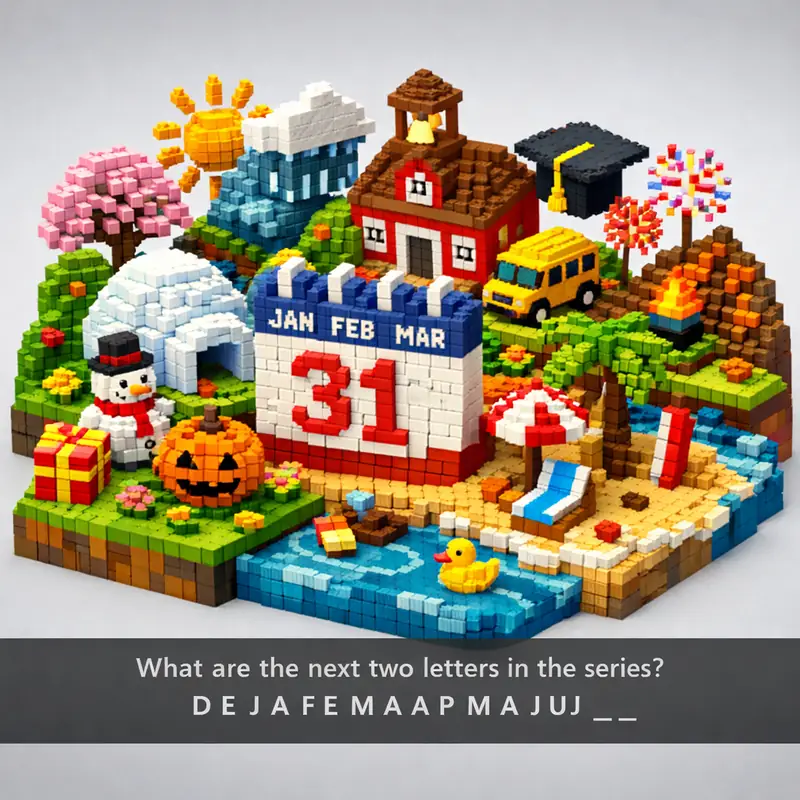 Illustration for riddle: What are the next two letters in the series?
D E J A F E M A A P M A J U J U _ _